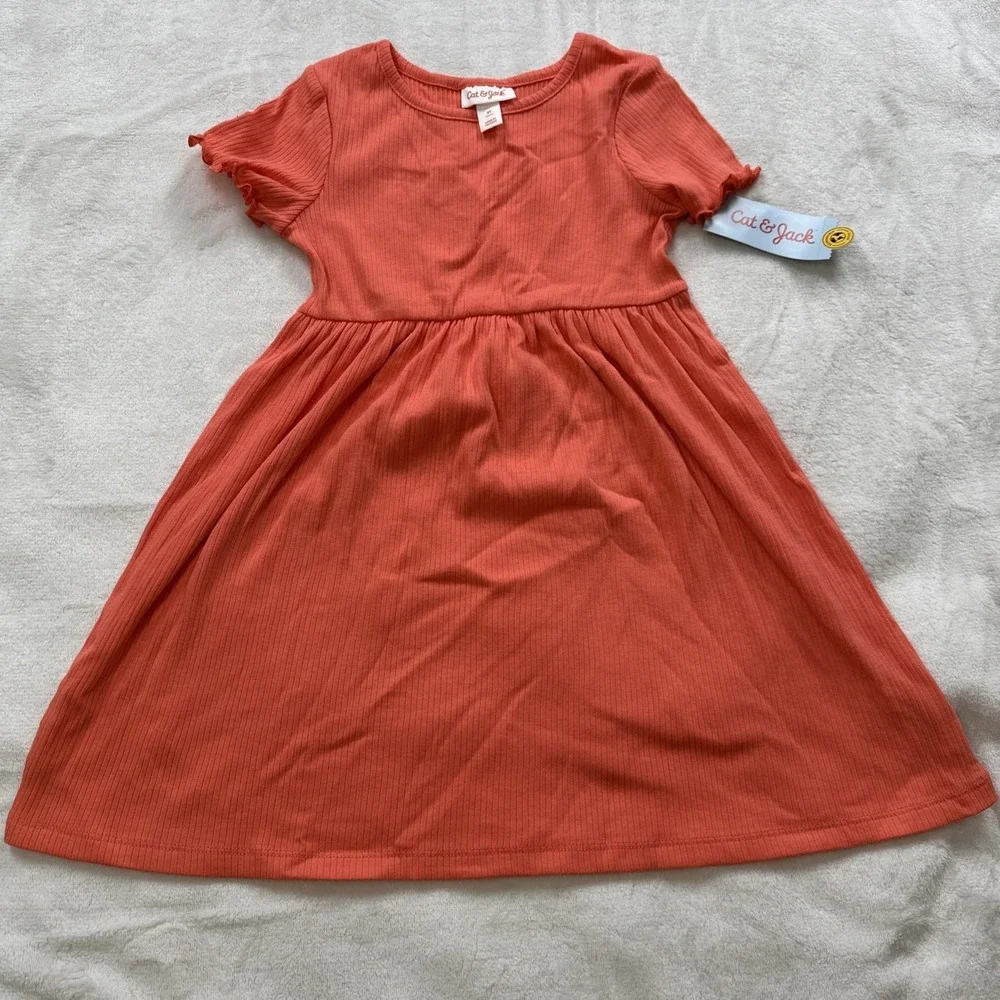 Cat & Jack Dress Toddler Girls Size 5T Coral Ruffle Short Sleeve Ribbed Knit NWT